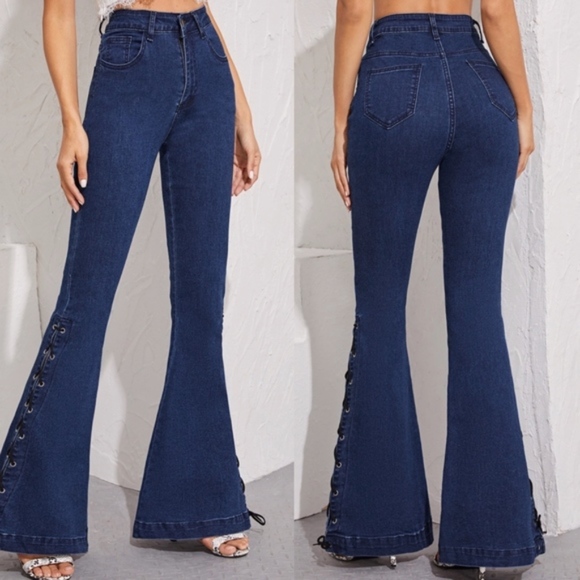 BECKY lace up detail Bell Bottom Jeans - Picture 2 of 3